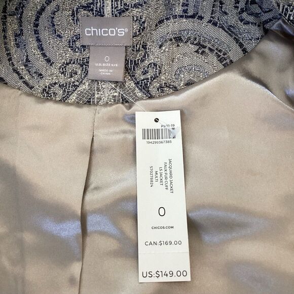 Chico’s Jacket Blazer Women’s Size 0 Multi Color Detachable Faux Fur Sleeves - Picture 4 of 11